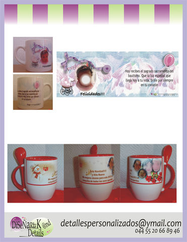 TAZA CERÁMICA BLANCA 6oz. Y TAZA SEMICONICA CON CUCHARA E INTERIOR EN COLOR ROJO (disponible en varios colores).